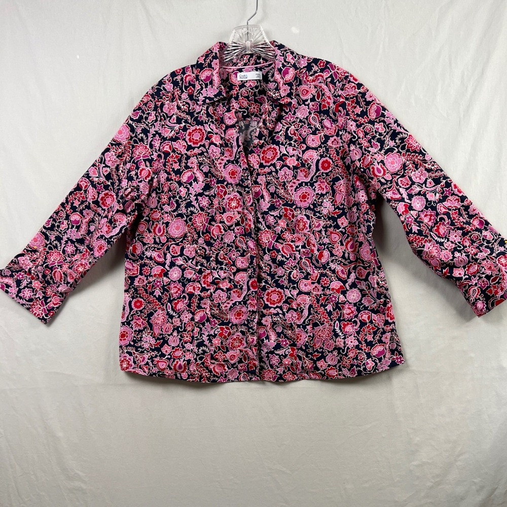 Croft & Barrow Floral Button Down Women PXXL Pink Navy Stretch Hidden Placket
